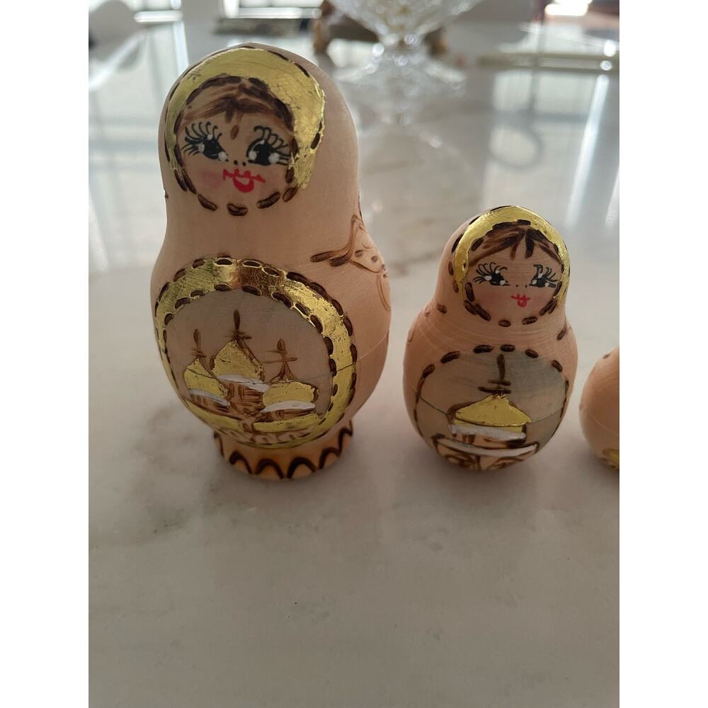 Four Vintage Russian Wood Nesting Dolls 4" brown gold. - Picture 8 of 8